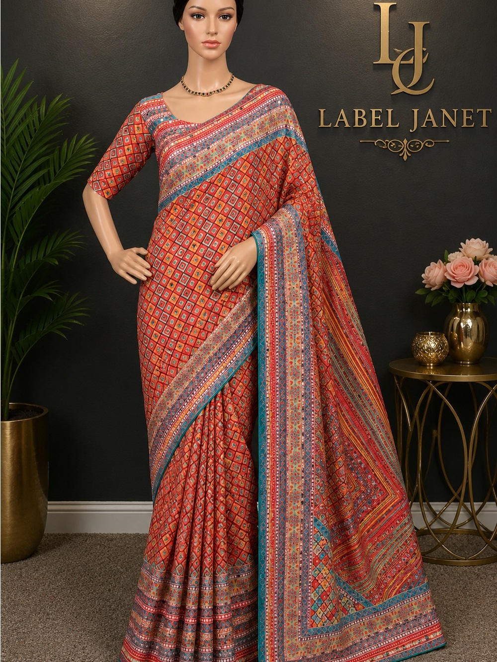 Brand new,Ajrakh Mirror work Roman Silk Saree with stitched blouse